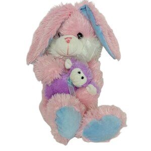 Goffa Pink Easter Bunny Rabbit Holding Baby Lamb Plush Stuffed Animal 16.5"